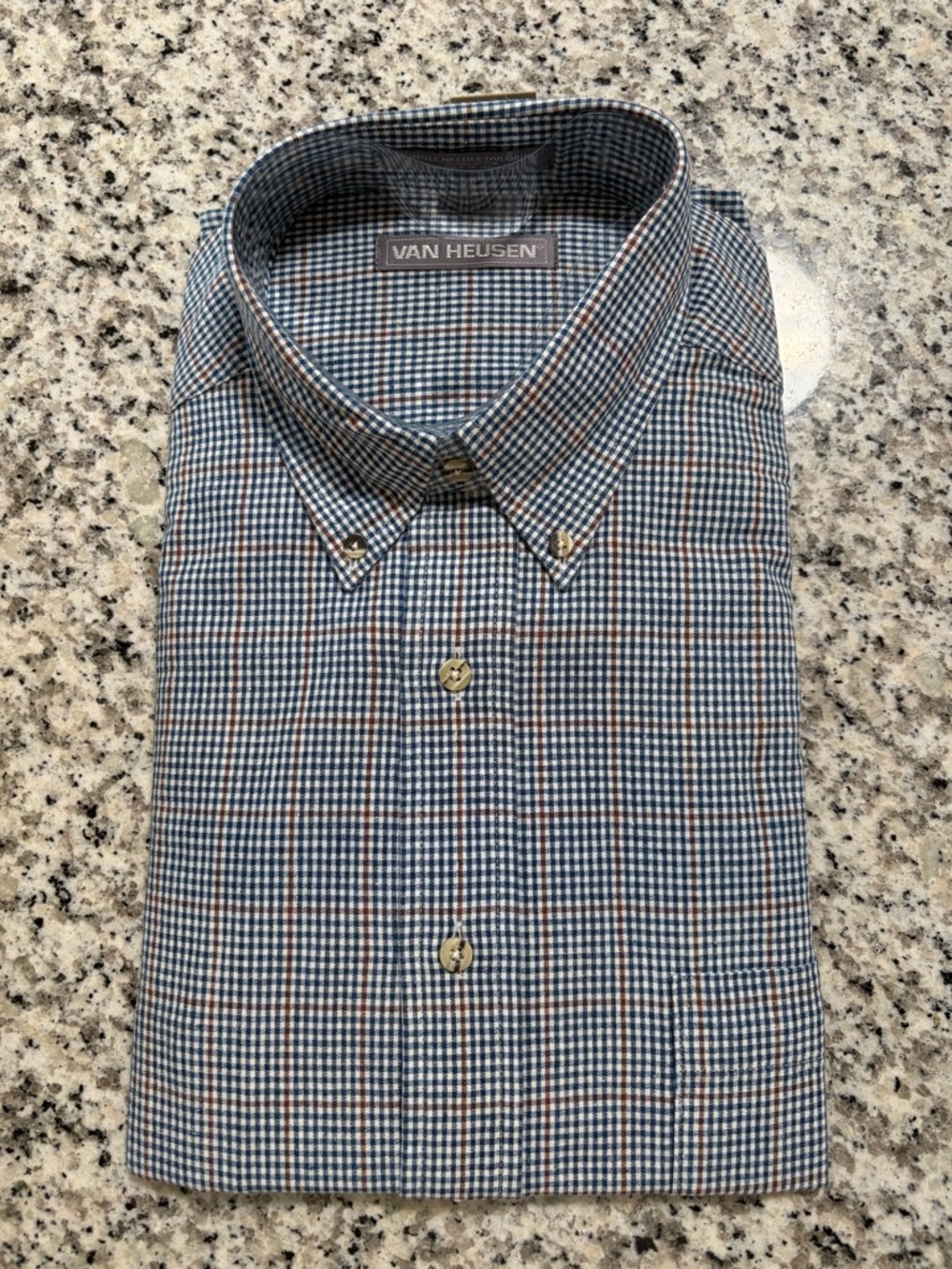 Van Heusen Men's Blue and Brown Check Button-Down Shirt